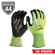 High-visibility yellow-green work gloves with black polyurethane-dipped palms and fingers, ANSI Cut Level A4 rated.