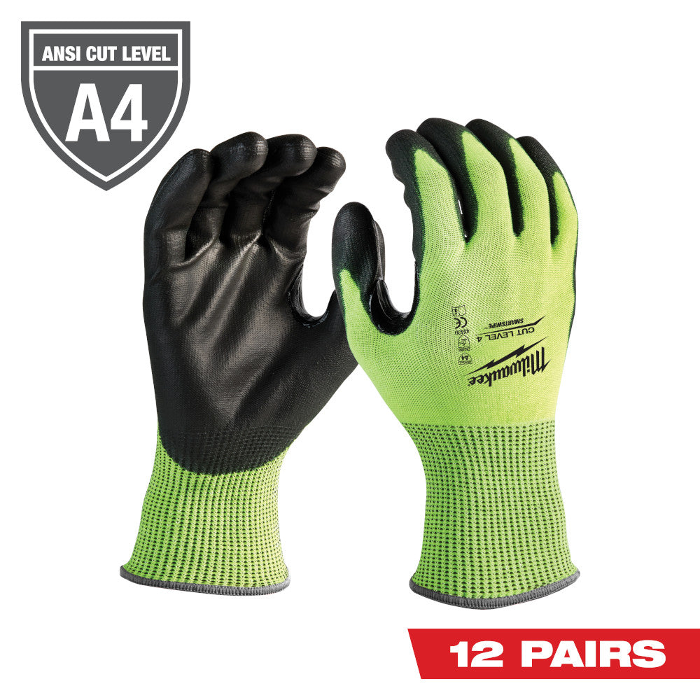 High-visibility yellow-green work gloves with black polyurethane-dipped palms and fingers, ANSI Cut Level A4 rated.