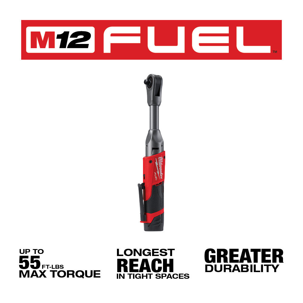 Milwaukee M12 FUEL red and black cordless ratchet with extended reach design and rotating head.