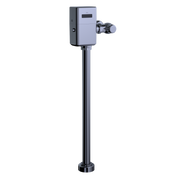 Polished chrome touchless toilet flushometer valve with sensor box, control knob, and floor-mounted black pipe.