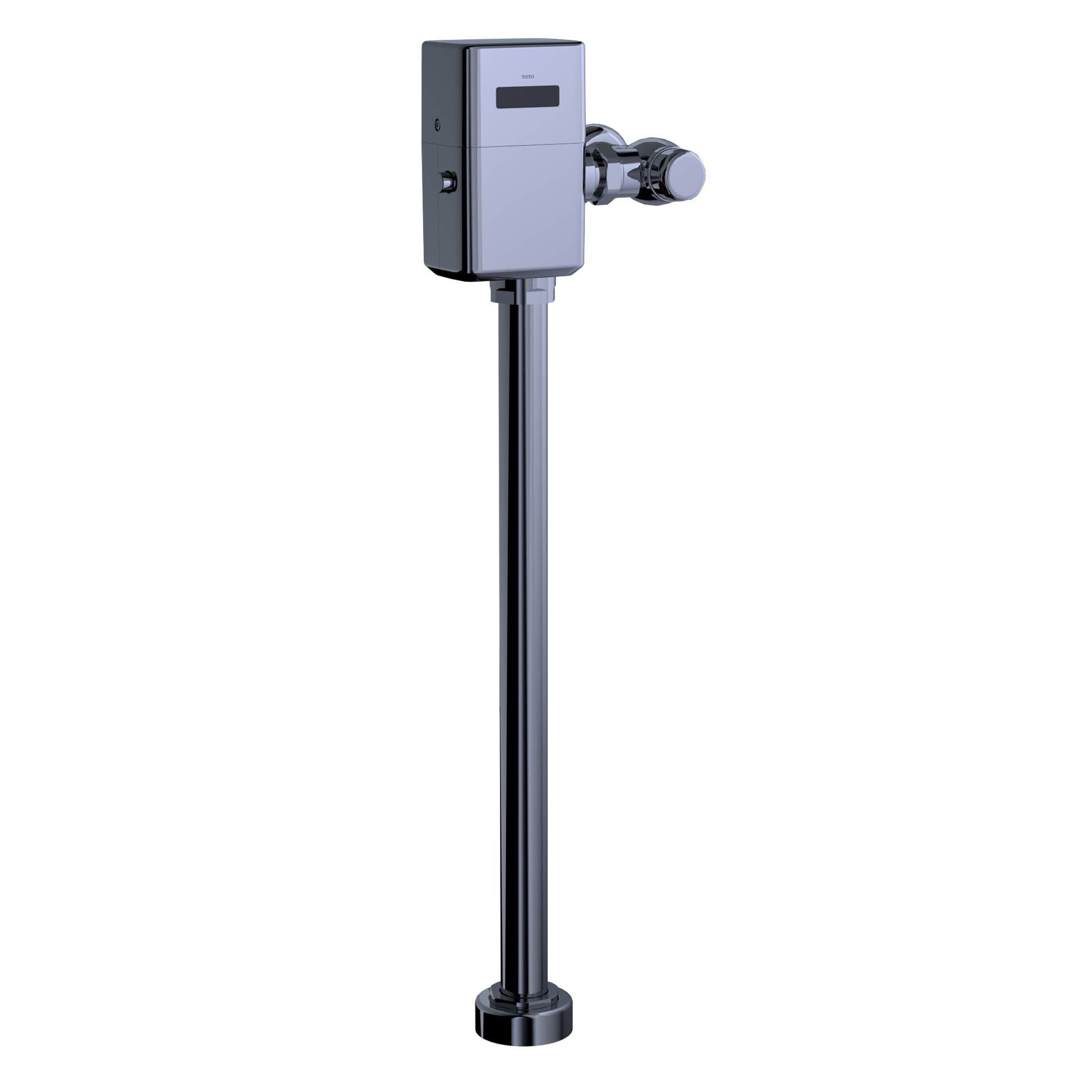 Polished chrome touchless toilet flushometer valve with sensor box, control knob, and floor-mounted black pipe.