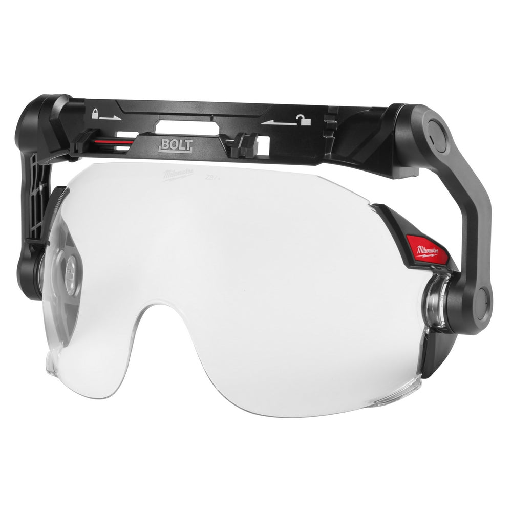 Milwaukee BOLT eye visor with clear lens and black frame attachment arms for safety helmets.