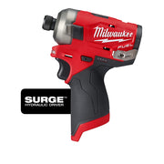 Red and black Milwaukee M12 FUEL cordless hydraulic driver with quarter-inch hex chuck and textured grip handle.