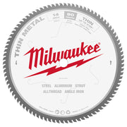 Milwaukee 14-inch circular saw blade with 90 carbide teeth for dry cutting steel, aluminum, and other materials.
