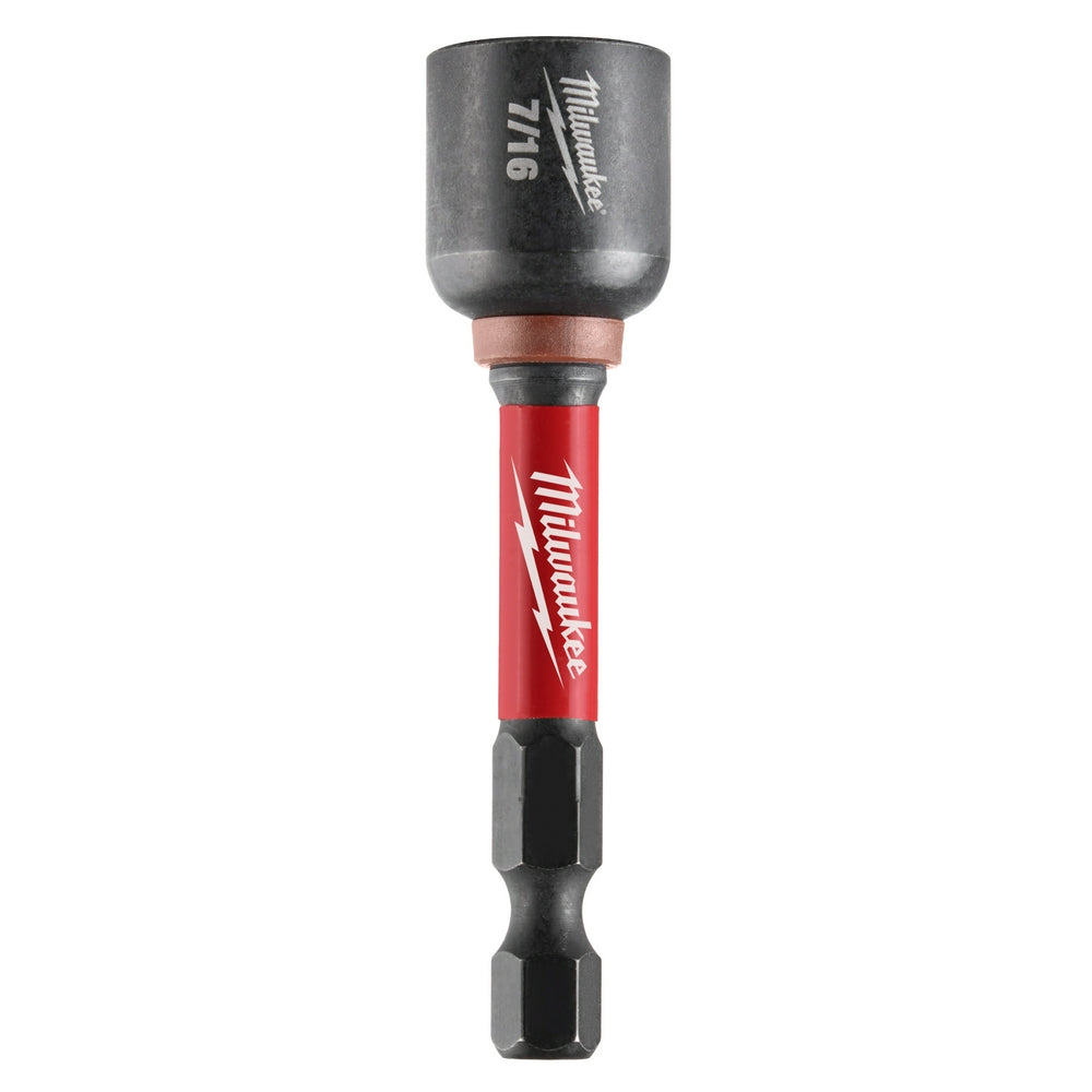 Milwaukee Shockwave magnetic nut driver with gray metal socket, red grip, and black impact-rated bit end.