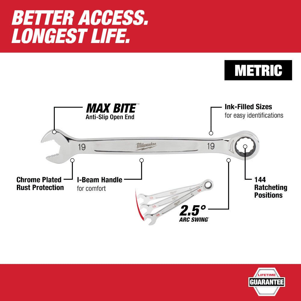 Milwaukee 27MM ratcheting combination wrench with open end and circular ratchet head, chrome plated finish, labeled with size