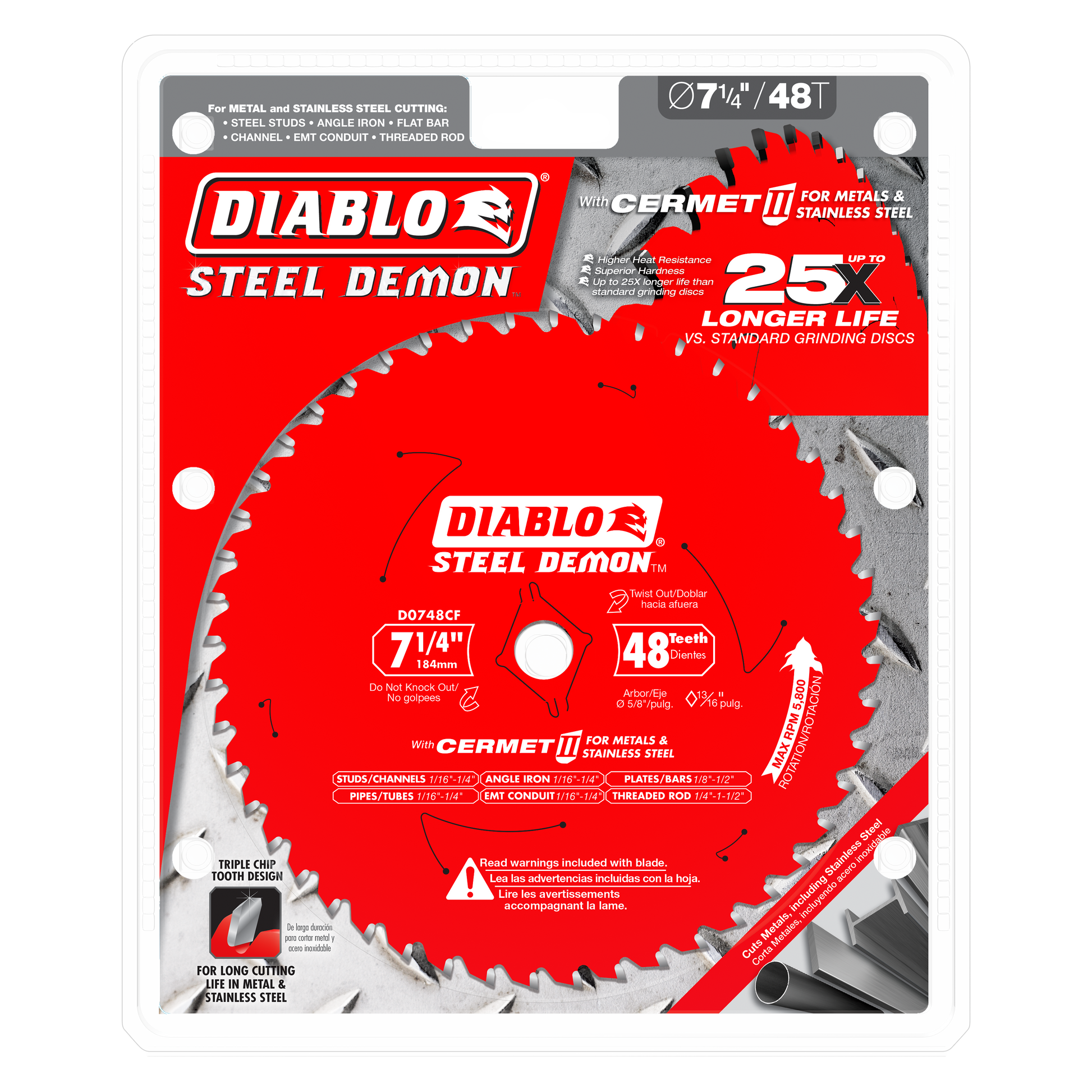 Diablo Steel Demon 7-1/4 inch circular saw blade with 48 teeth and Cermet II coating for cutting metals and stainless steel.