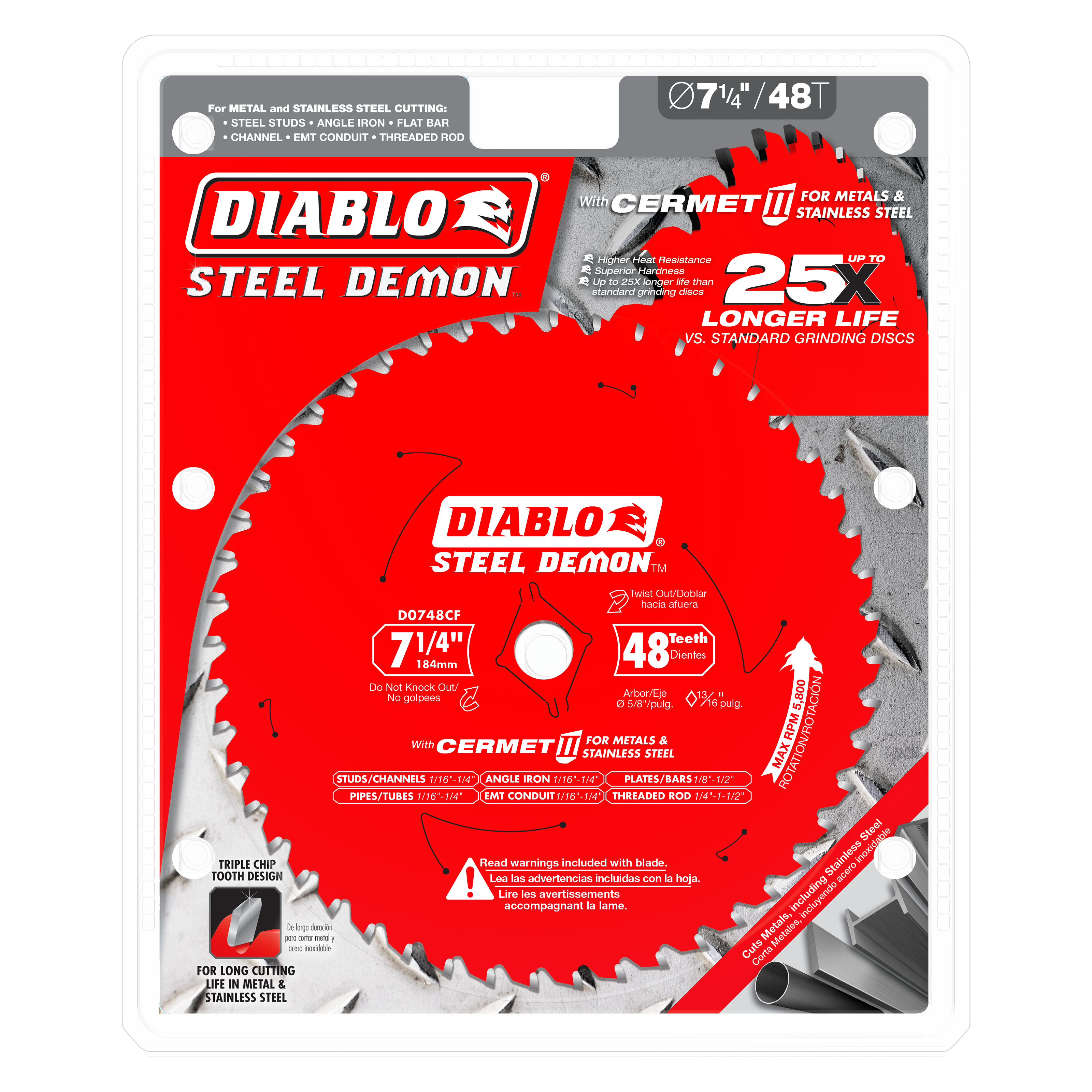 Diablo Steel Demon 7-1/4 inch circular saw blade with 48 teeth and Cermet II coating for cutting metals and stainless steel.