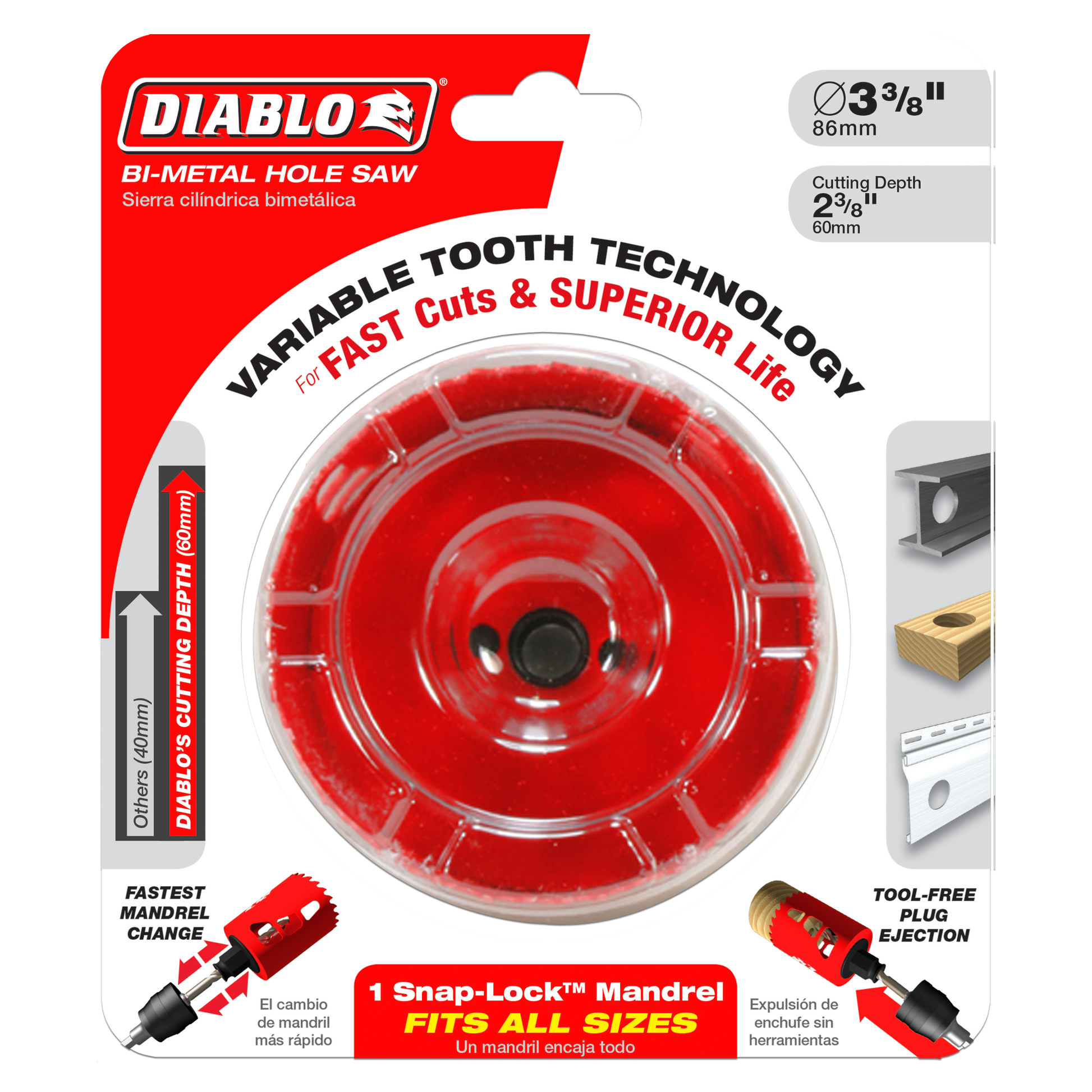Diablo bi-metal hole saw with red cutting head, black center arbor, and packaging showing 3-3/8 inch diameter specification.
