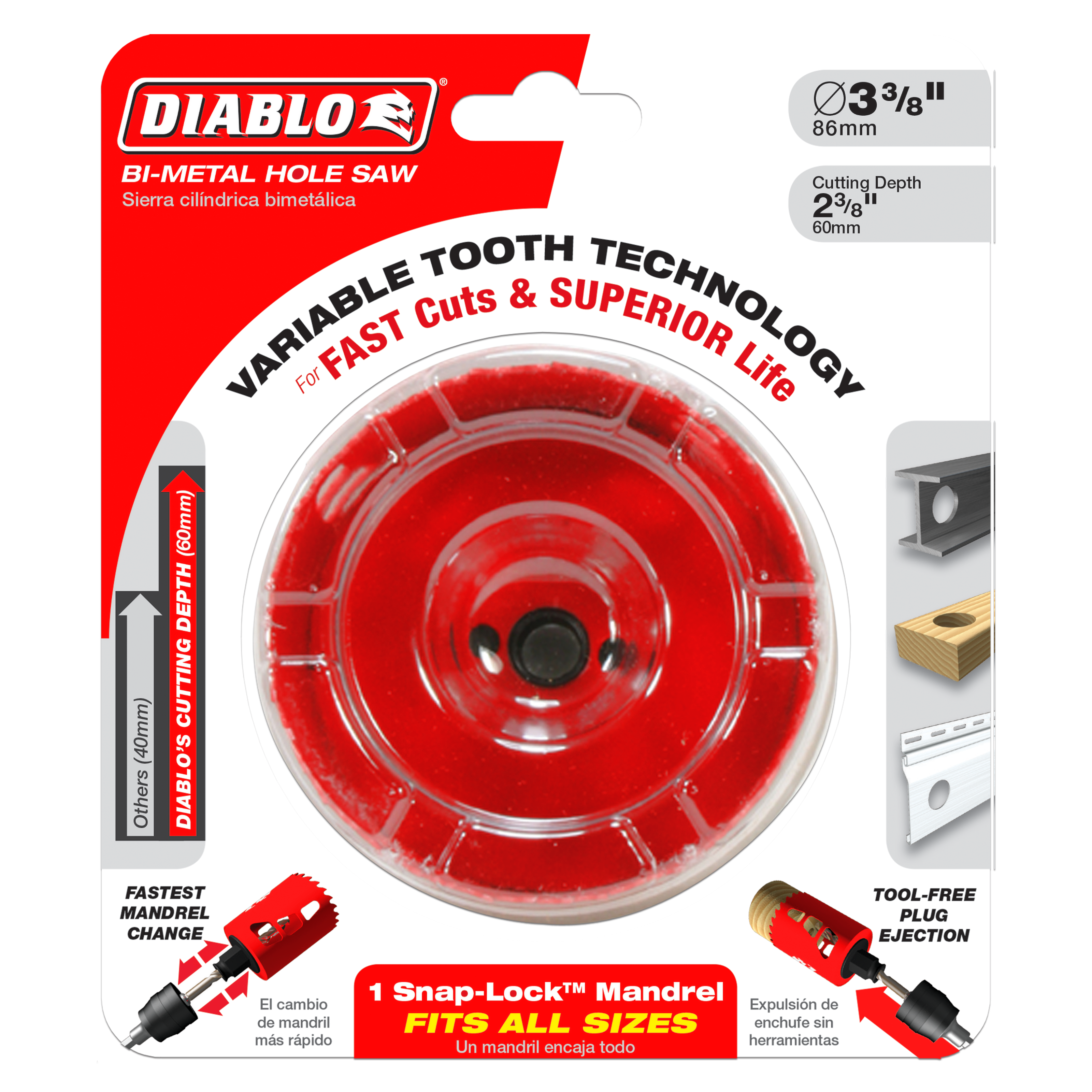 Diablo bi-metal hole saw with red cutting head, black center arbor, and packaging showing 3-3/8 inch diameter specification.