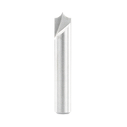 Metal router bit with pointed cutting head and cylindrical shank on white background.