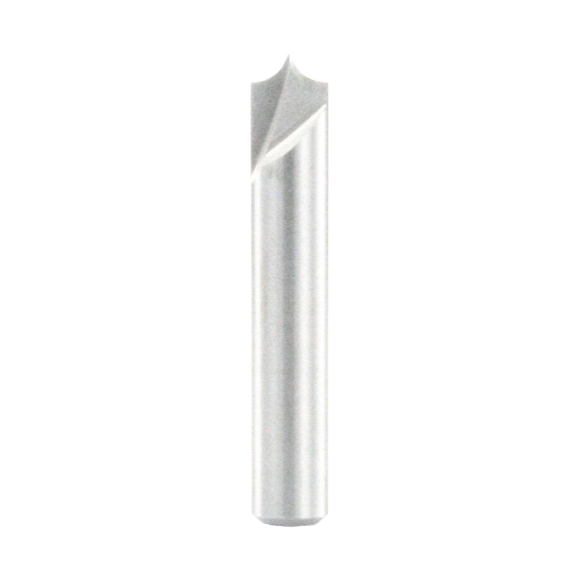 Metal router bit with pointed cutting head and cylindrical shank on white background.