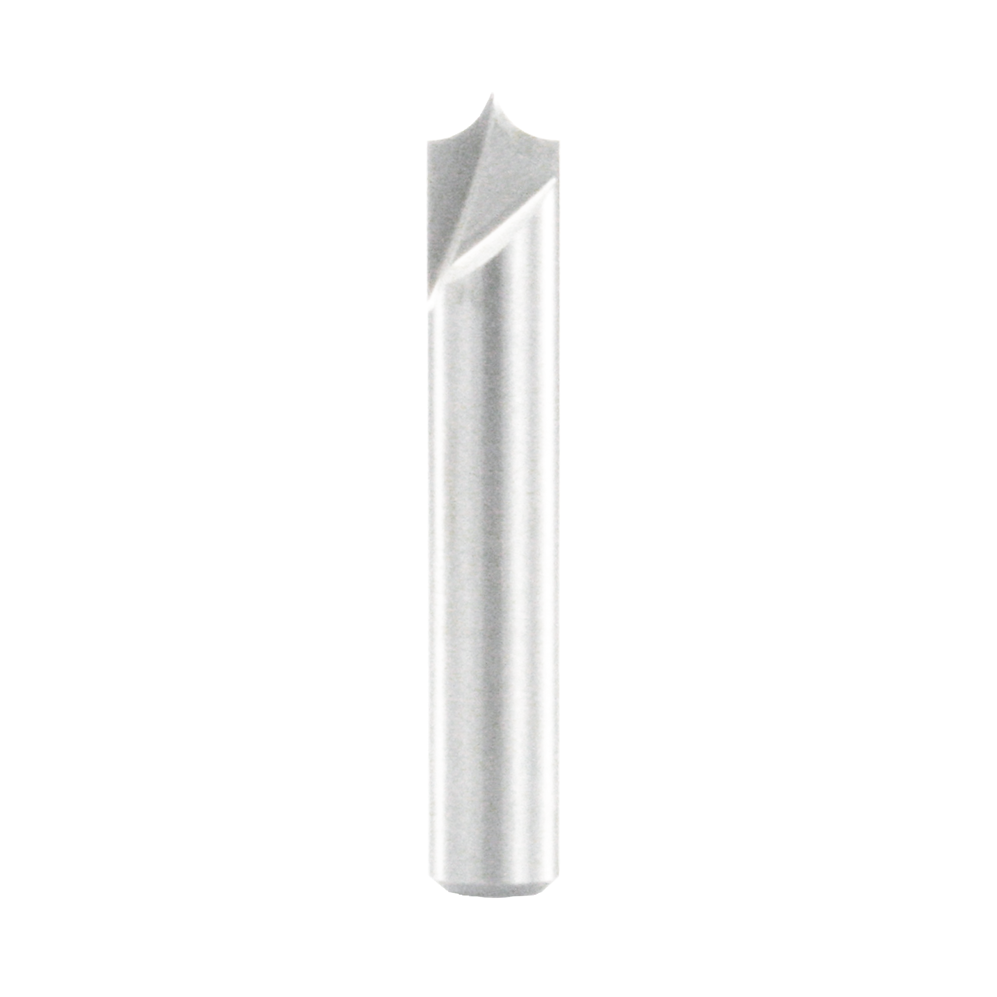 Metal router bit with pointed cutting head and cylindrical shank on white background.