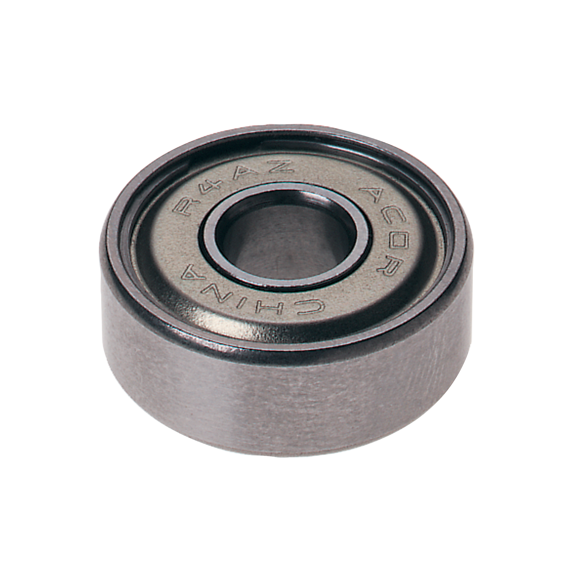 Metal ball bearing with circular flange and central hole, marked with text on top surface.