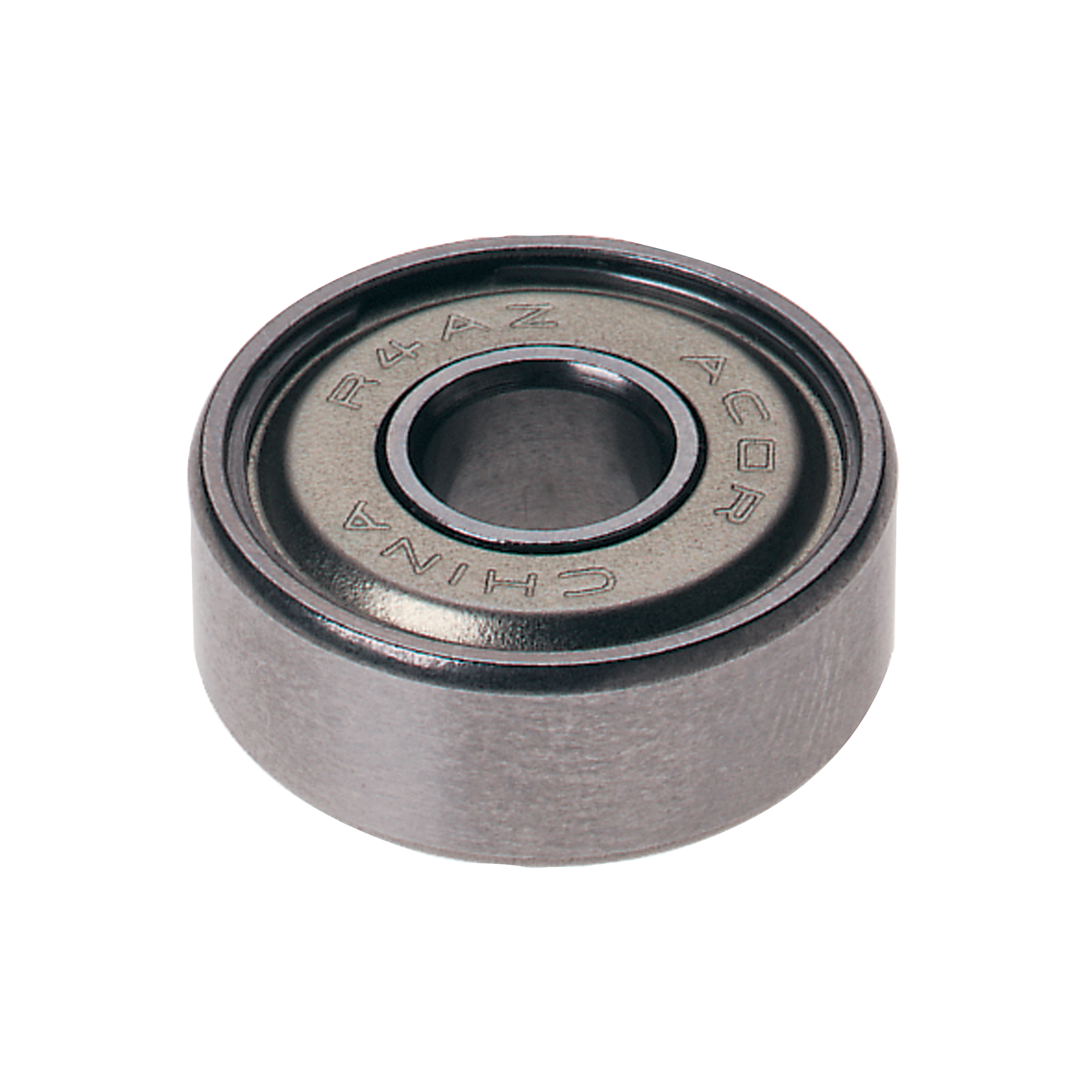 Metal ball bearing with circular flange and central hole, marked with text on top surface.