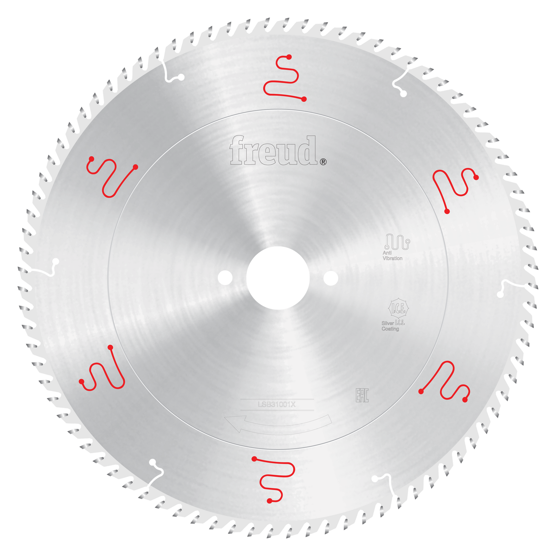 Silver circular saw blade with Freud branding, white center hole, and red and white markings around the perimeter.