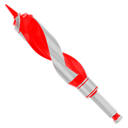 Red and gray auger bit with spiral flutes and pointed tip for wood drilling.