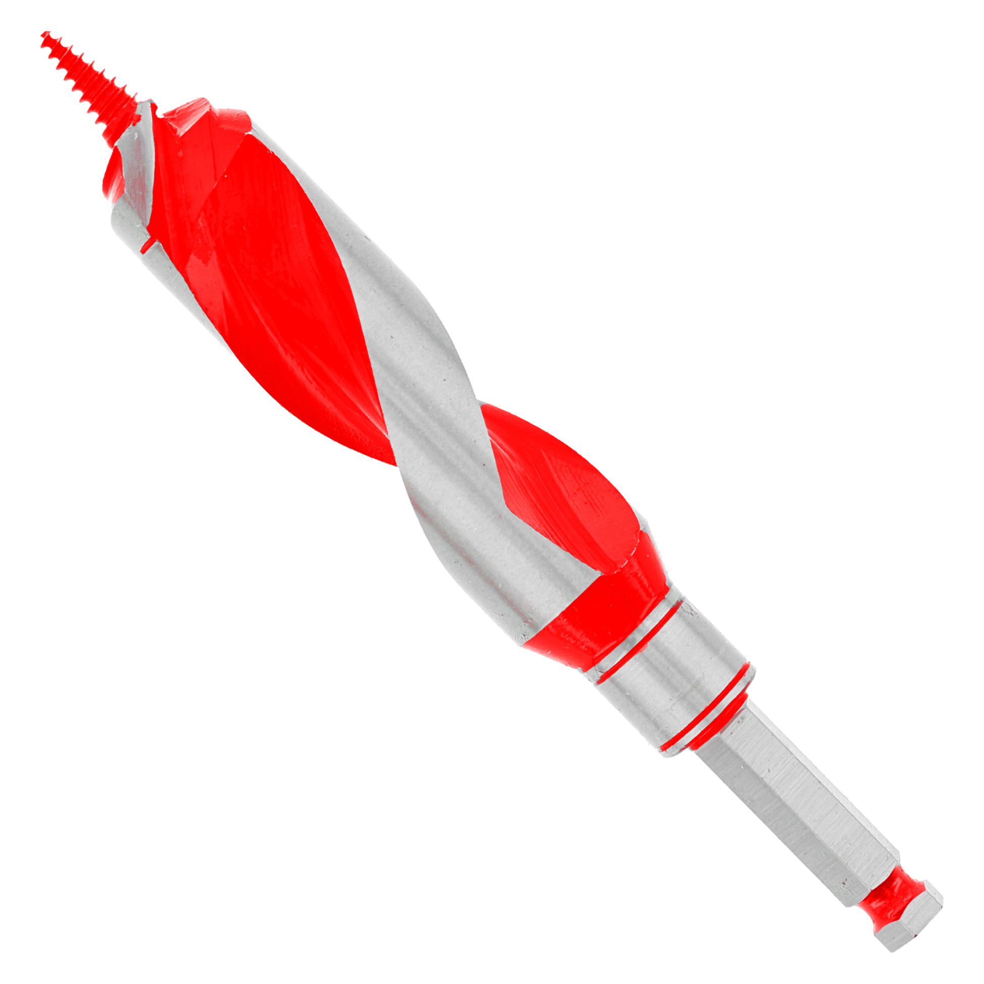 Red and gray auger bit with spiral flutes and pointed tip for wood drilling.