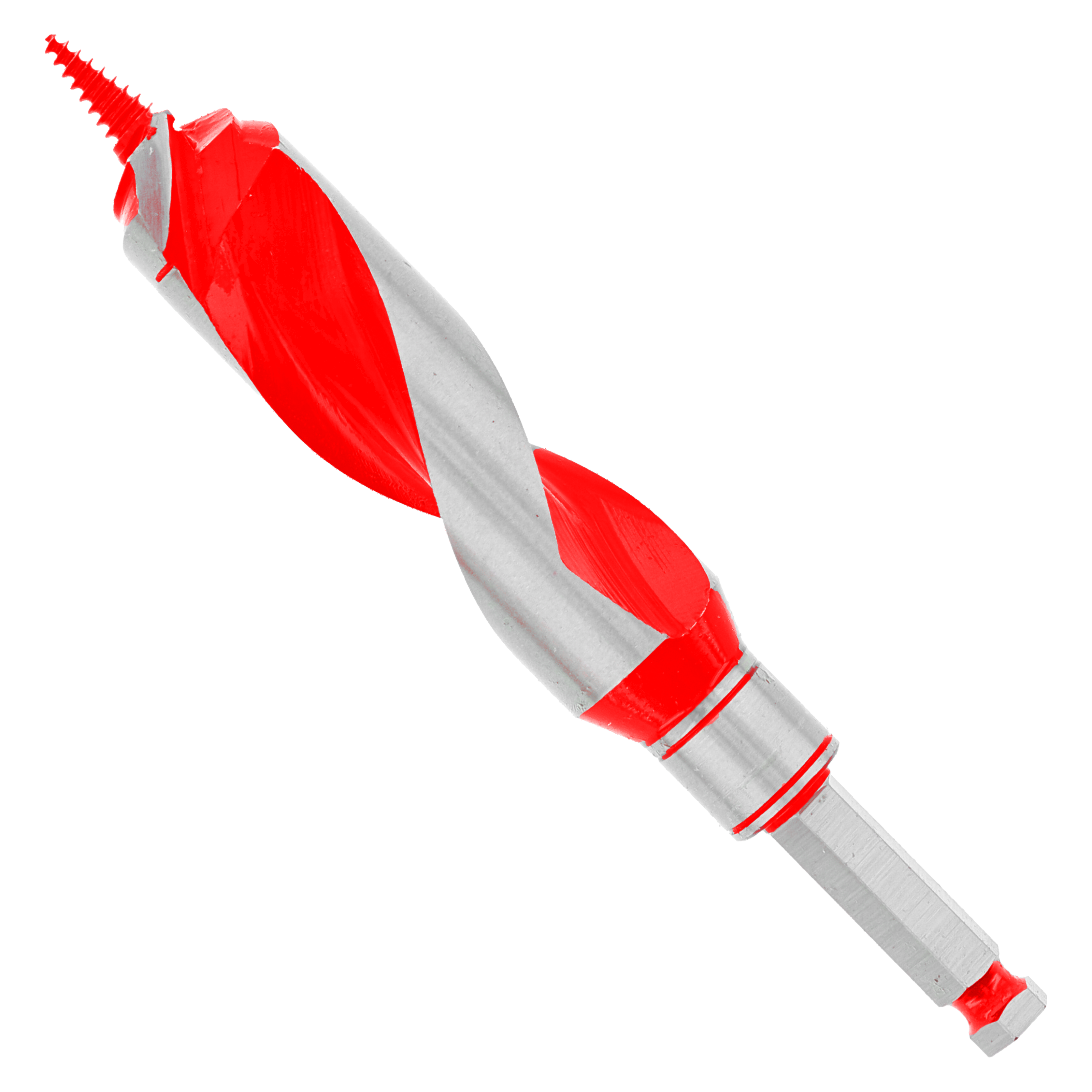 Red and gray auger bit with spiral flutes and pointed tip for wood drilling.