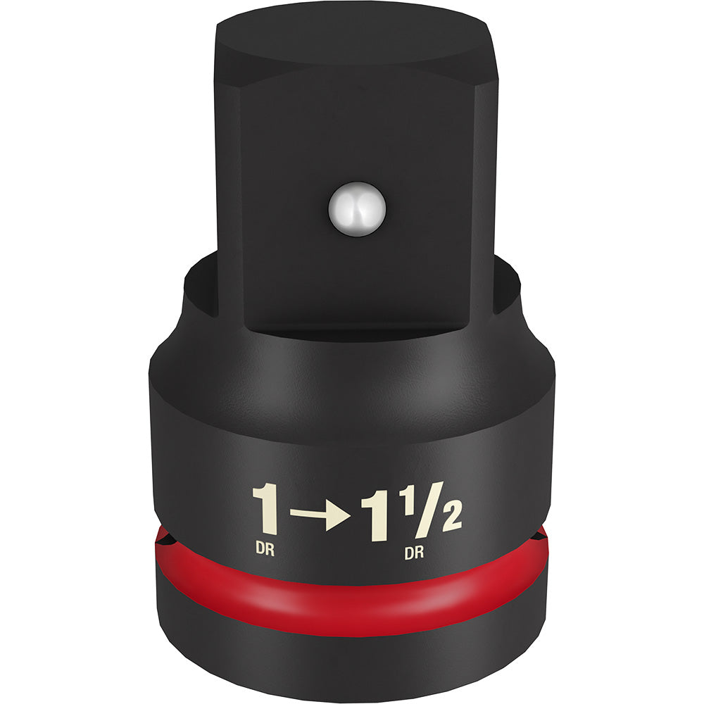Black Milwaukee impact socket with 1" to 1-1/2" drive adapter and red grip band.