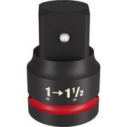 Black Milwaukee impact socket with 1" to 1-1/2" drive adapter and red grip band.