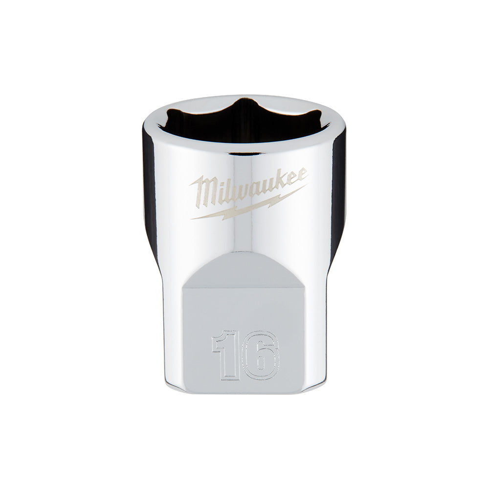 Milwaukee 16mm 6-point metric socket with 3/8 inch drive, chrome finish with black grip bands.