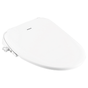 White electronic bidet seat with rounded edges and control panel on top.