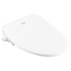 White electronic bidet seat with rounded edges and control panel on top.