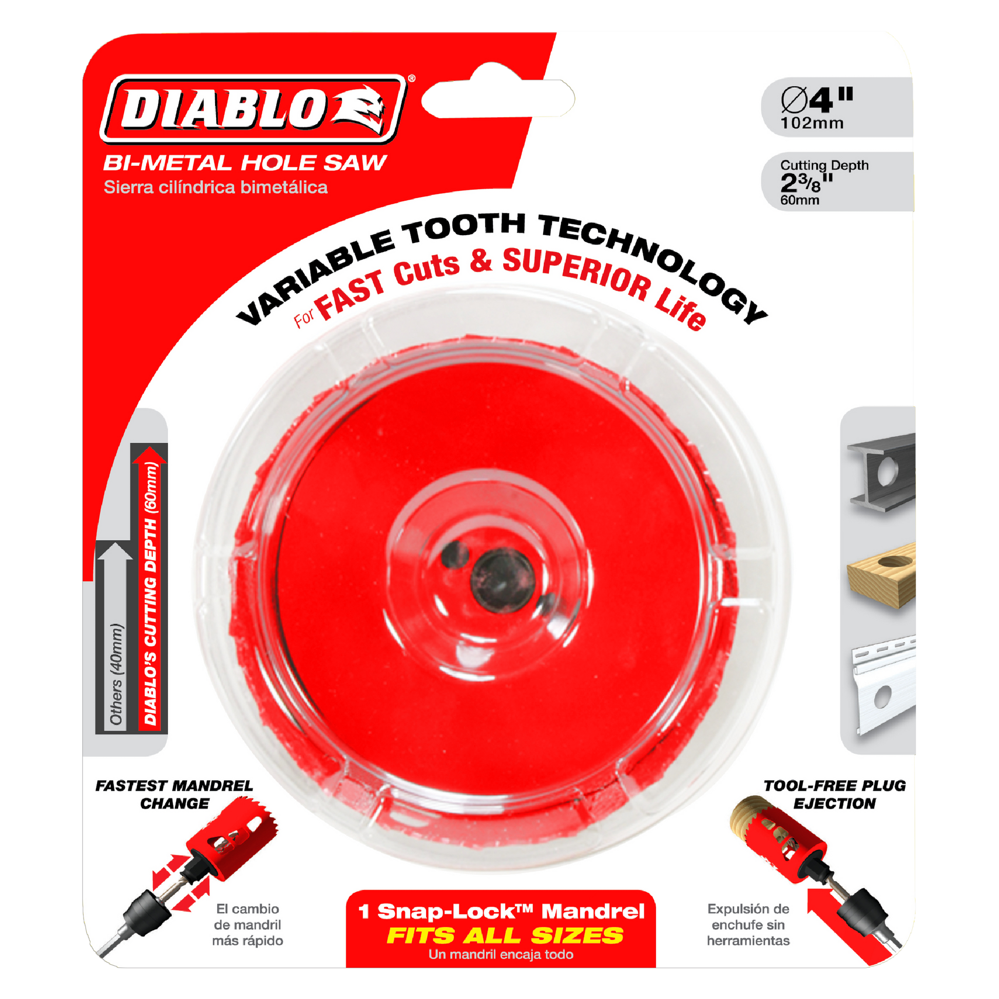 Diablo bi-metal hole saw with red cutting surface, 4-inch diameter, displayed in red and clear packaging with specifications 
