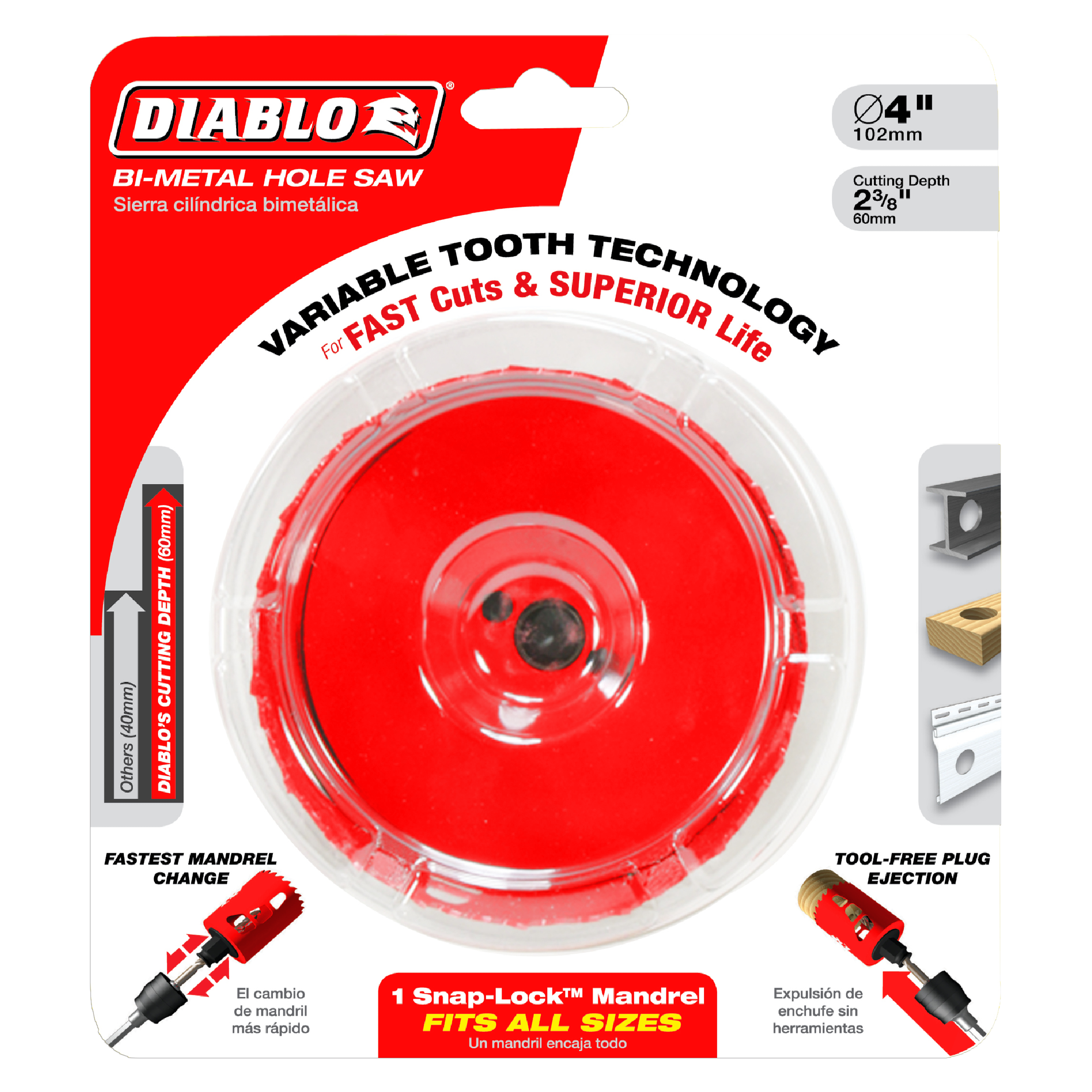Diablo bi-metal hole saw with red cutting surface, 4-inch diameter, displayed in red and clear packaging with specifications 