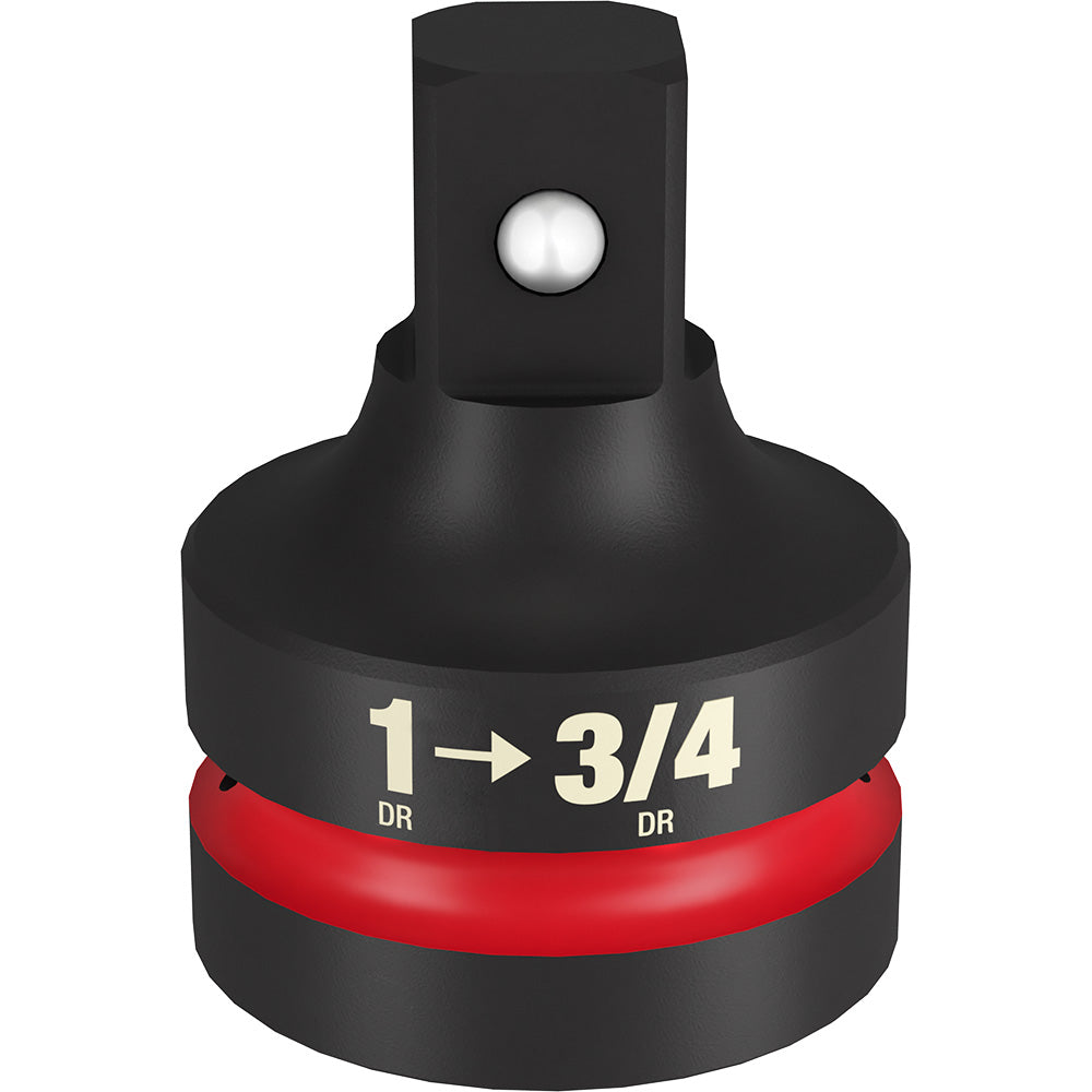 Black socket adapter with red band, labeled "1→3/4 DR," featuring square drive connector on top and ball detent.