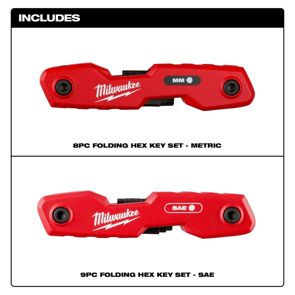 Two red Milwaukee folding hex key sets with black handles, one metric and one SAE, displayed side by side.