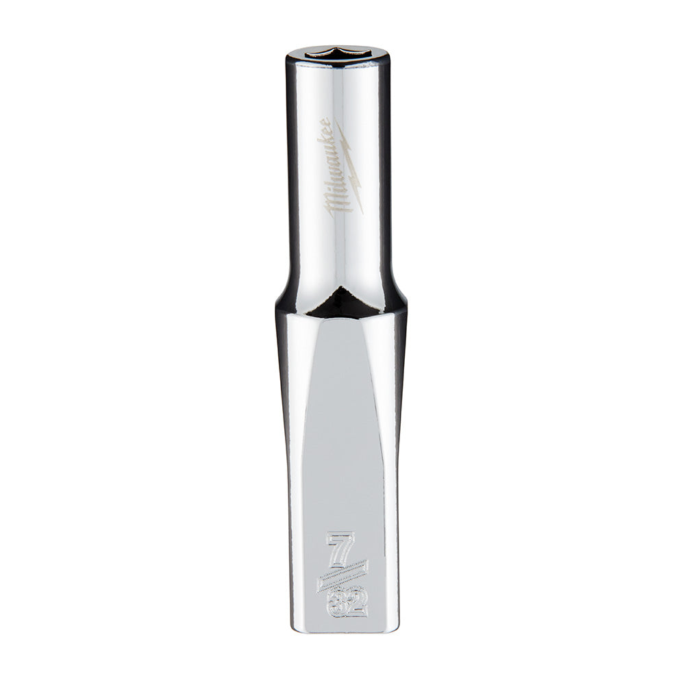 Chrome 1/4 inch drive 6-point deep socket with hexagonal opening and Milwaukee branding on barrel.