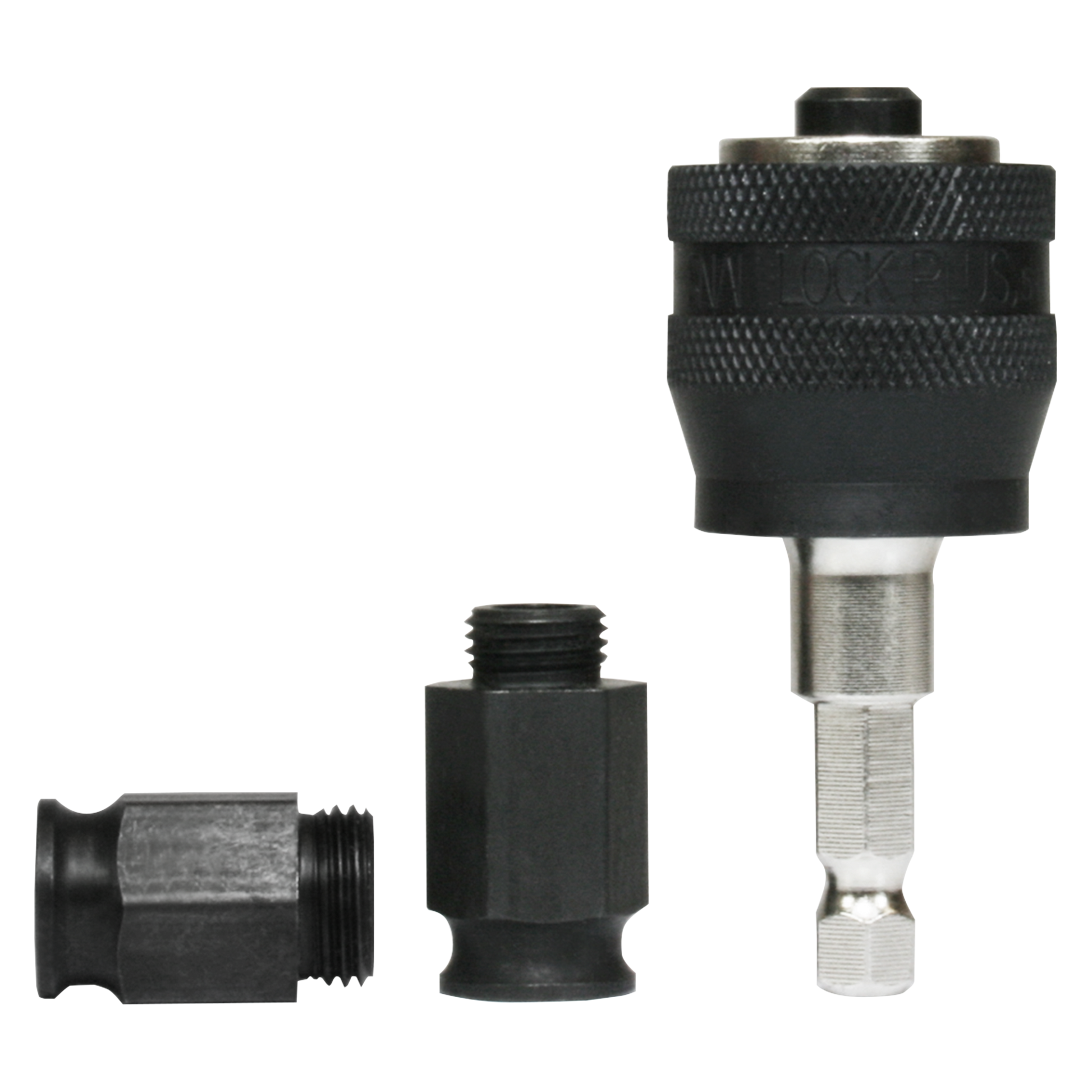 Three black and metal mandrel system components with threaded connections and grip surfaces displayed side by side.
