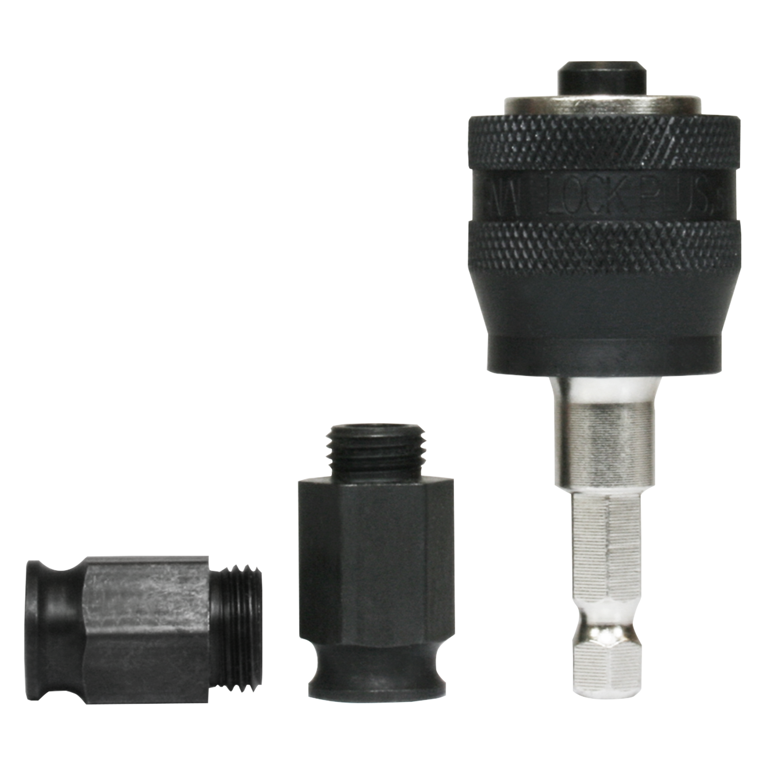 Three black and metal mandrel system components with threaded connections and grip surfaces displayed side by side.