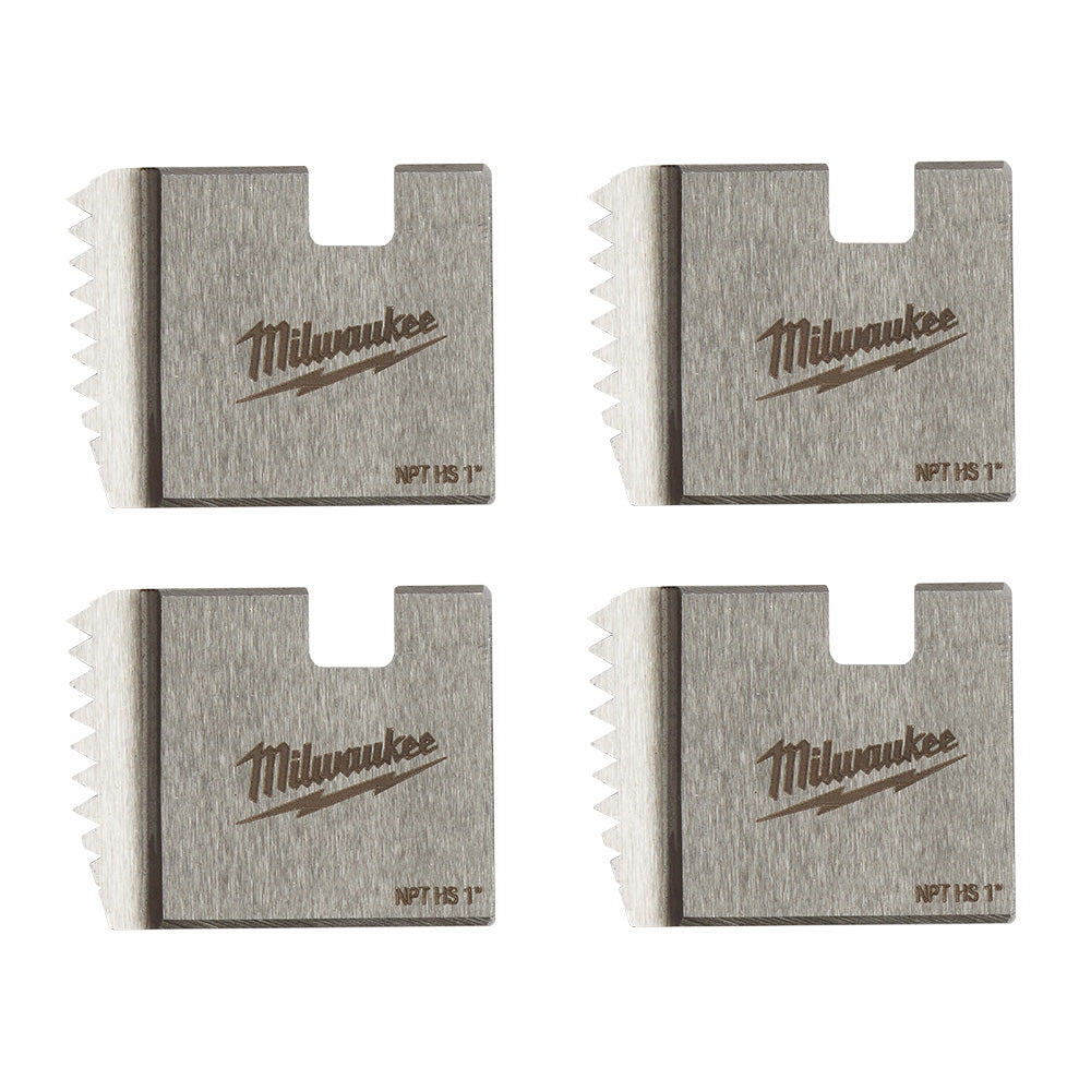 Four Milwaukee NPT 1" threading dies with serrated cutting edges and center mounting slots.