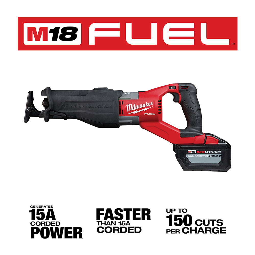 Milwaukee M18 FUEL Super Sawzall reciprocating saw with red and black body and attached battery pack.