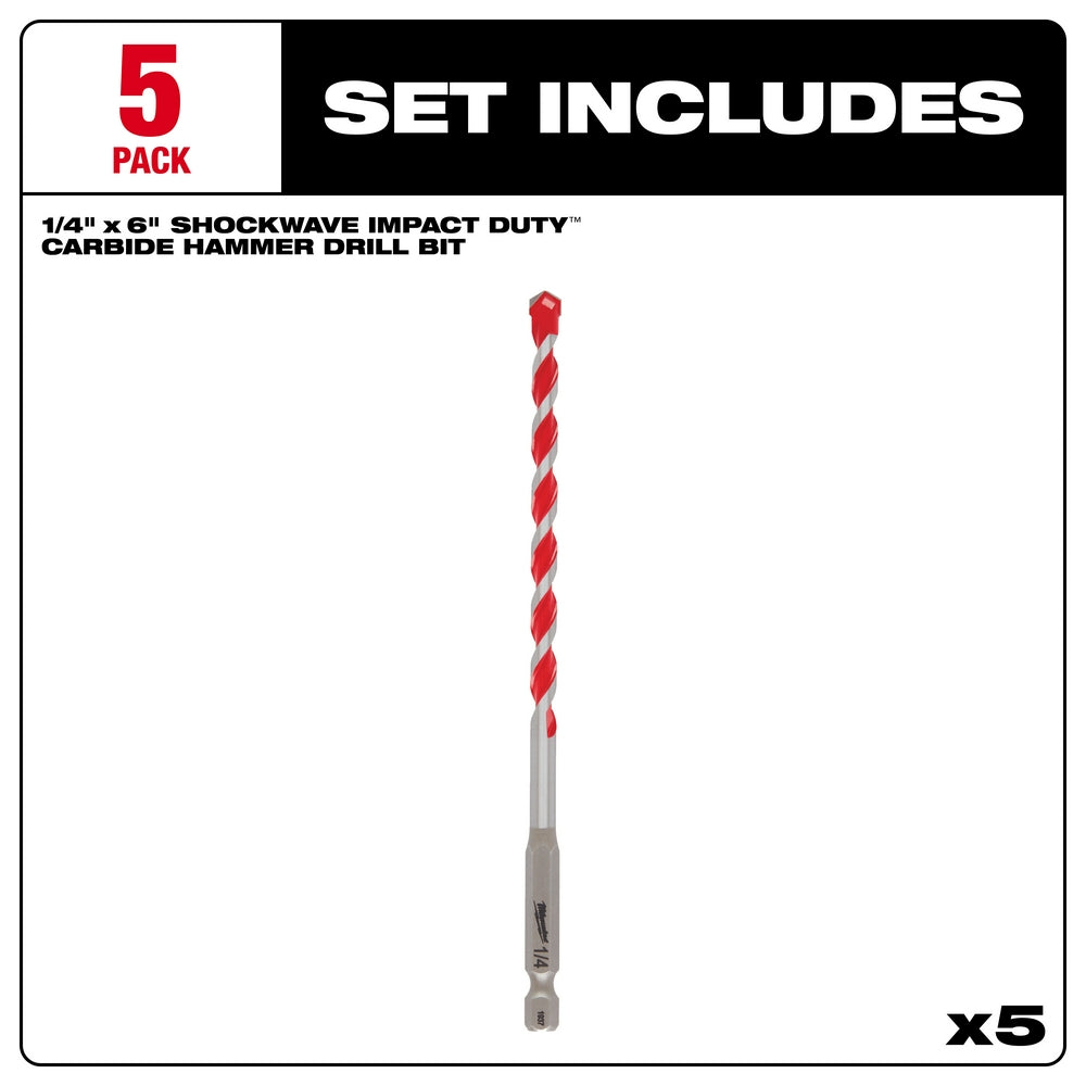 Five 1/4 inch carbide hammer drill bits with red and silver flutes and gray hex shanks.