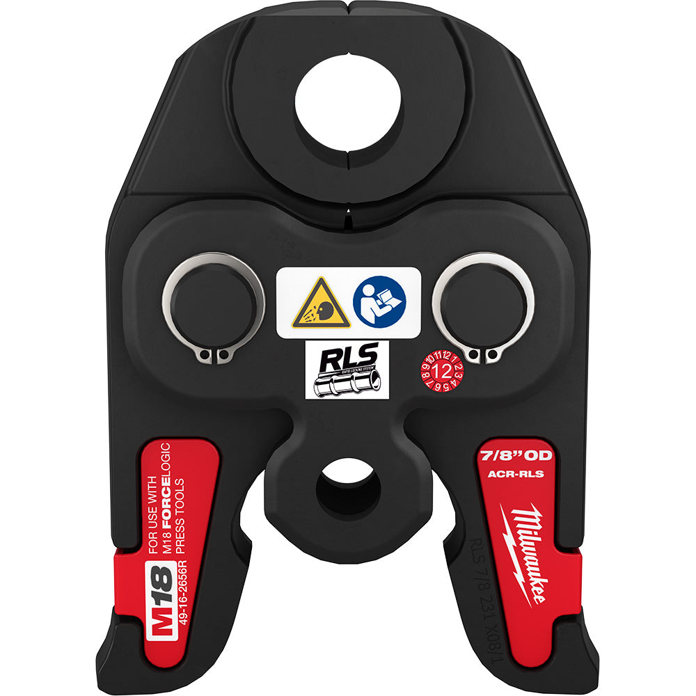 Black and red Milwaukee 7/8" RLS press jaw with two circular openings on sides and center press opening.