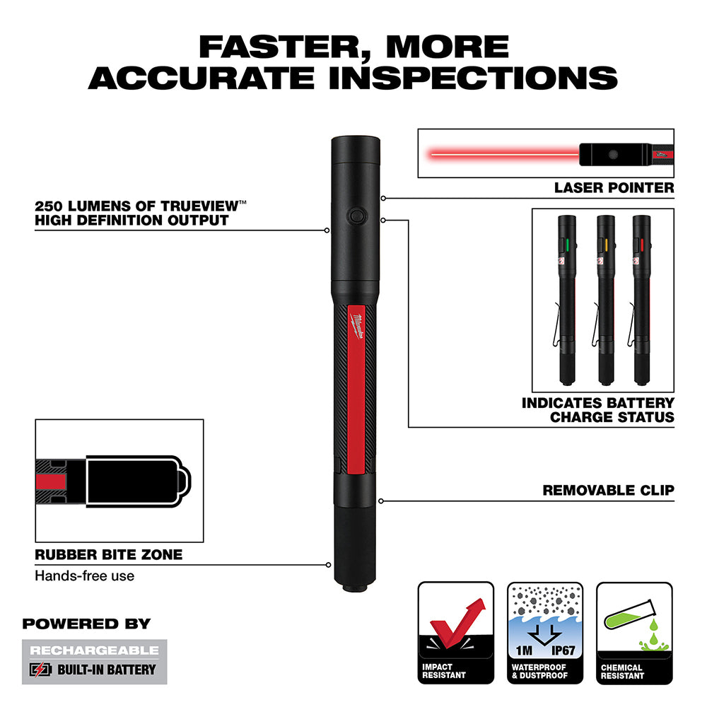 Black rechargeable penlight with red stripe, laser pointer attachment, removable clip, and battery charge indicator.