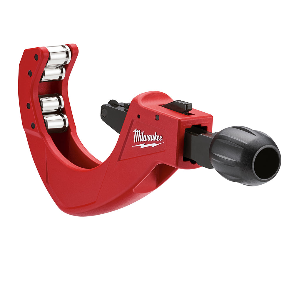Red and black Milwaukee tubing cutter with cylindrical cutting wheel and adjustment knob on right side.