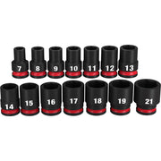 Fourteen black metric sockets with red bands, labeled 7 through 21, arranged in two rows.