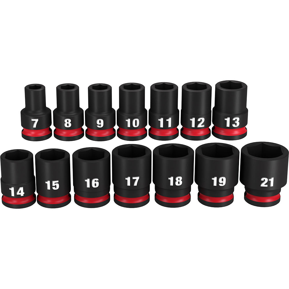 Fourteen black metric sockets with red bands, labeled 7 through 21, arranged in two rows.