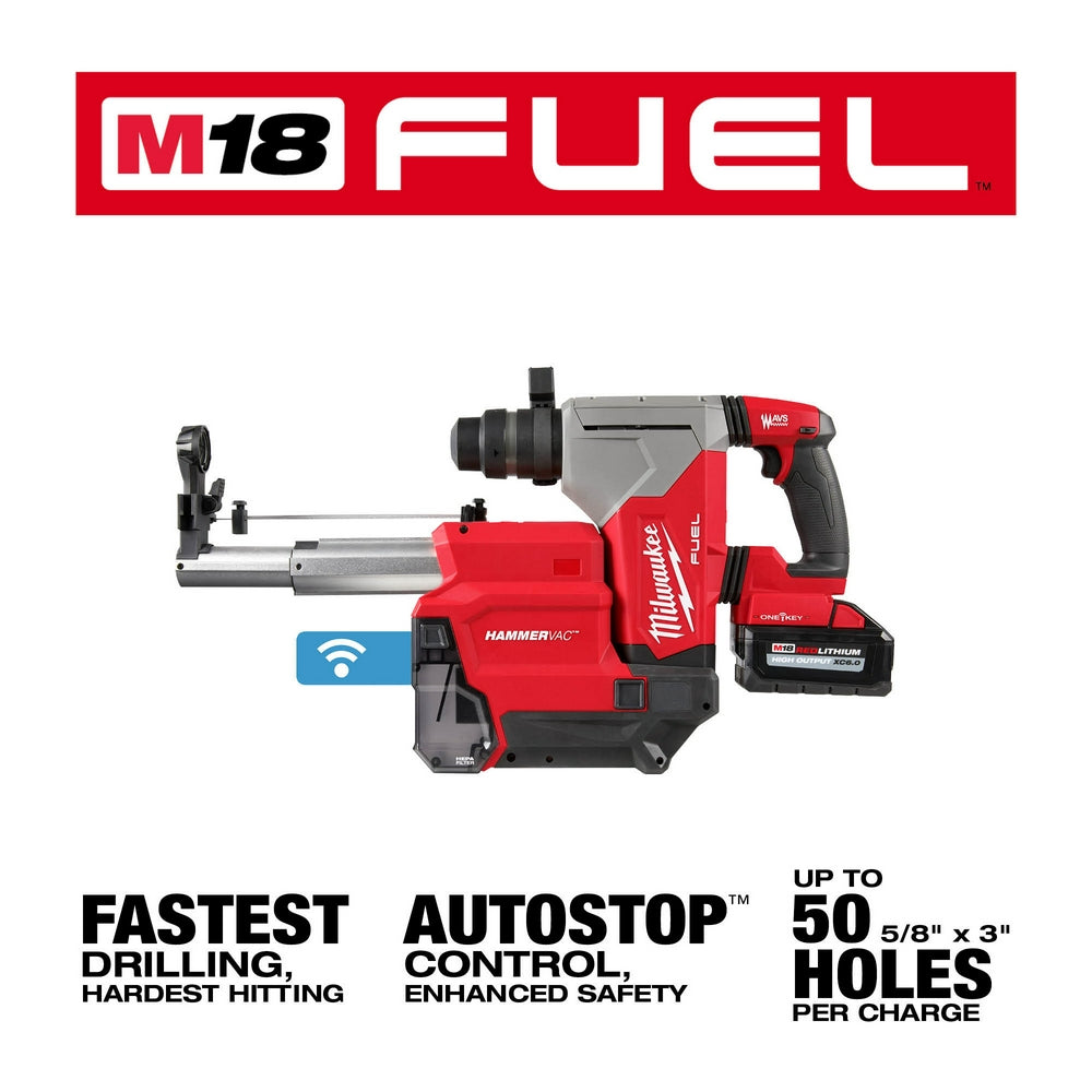 Milwaukee M18 FUEL rotary hammer with red and black housing, dust extractor attachment, battery, and ONE-KEY wireless connect