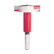 Freud FC-015 2-inch Forstner bit with red body and metal shank featuring flat cutting head and center point.