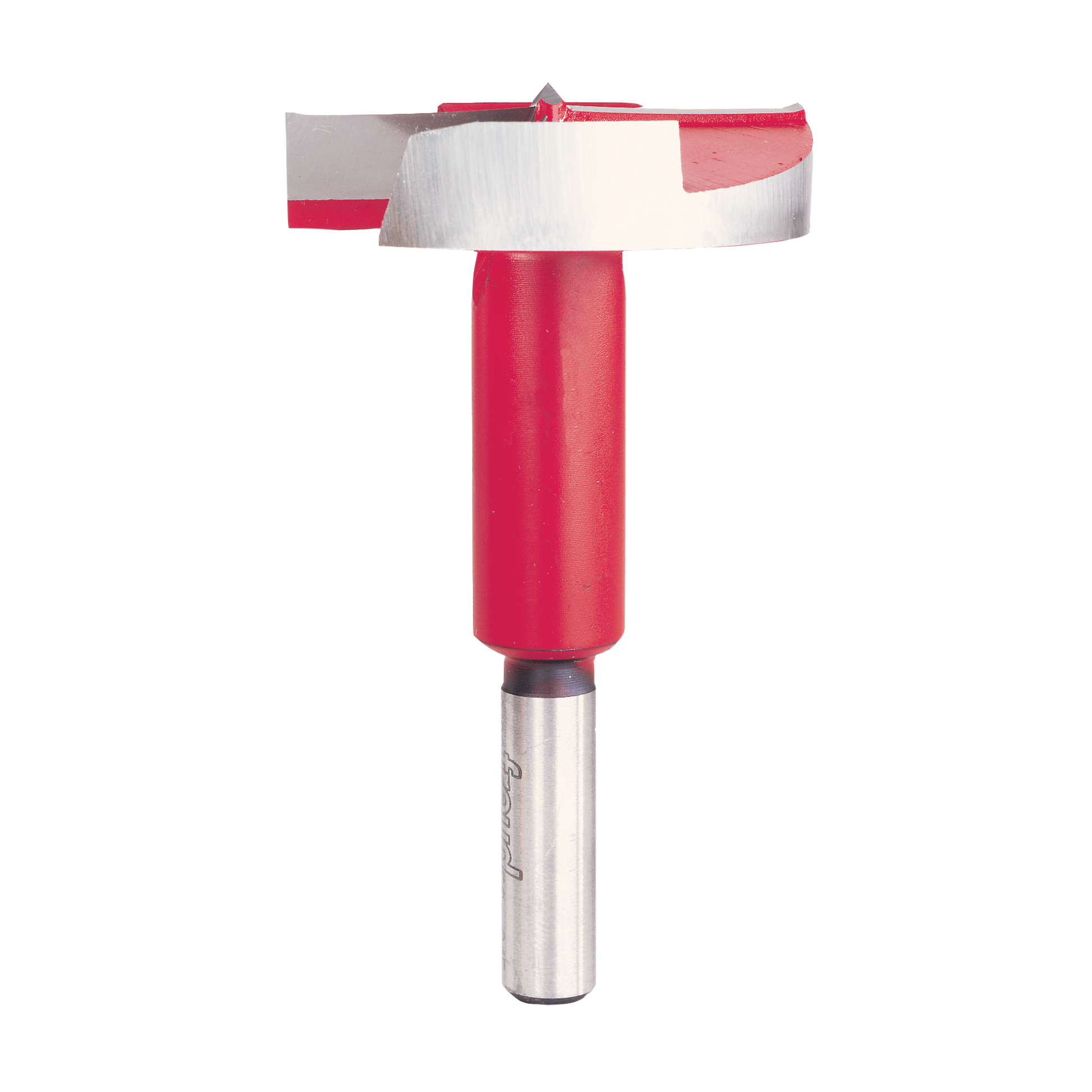 Freud FC-015 2-inch Forstner bit with red body and metal shank featuring flat cutting head and center point.