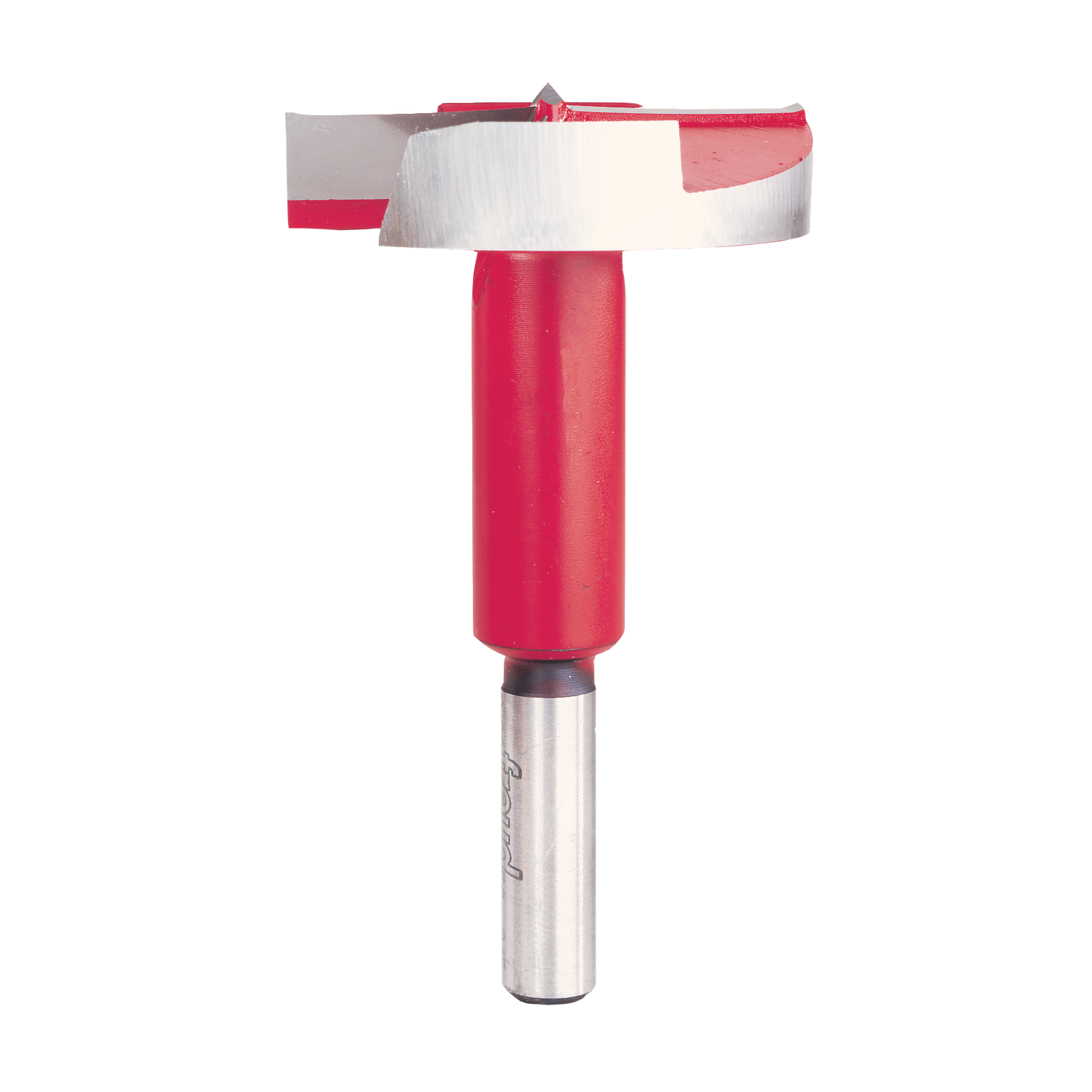 Freud FC-015 2-inch Forstner bit with red body and metal shank featuring flat cutting head and center point.