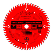 Red circular saw blade with 56 teeth, 7" diameter, marked "Freud Industrial Single Sided Laminate/Melamine" with specificatio