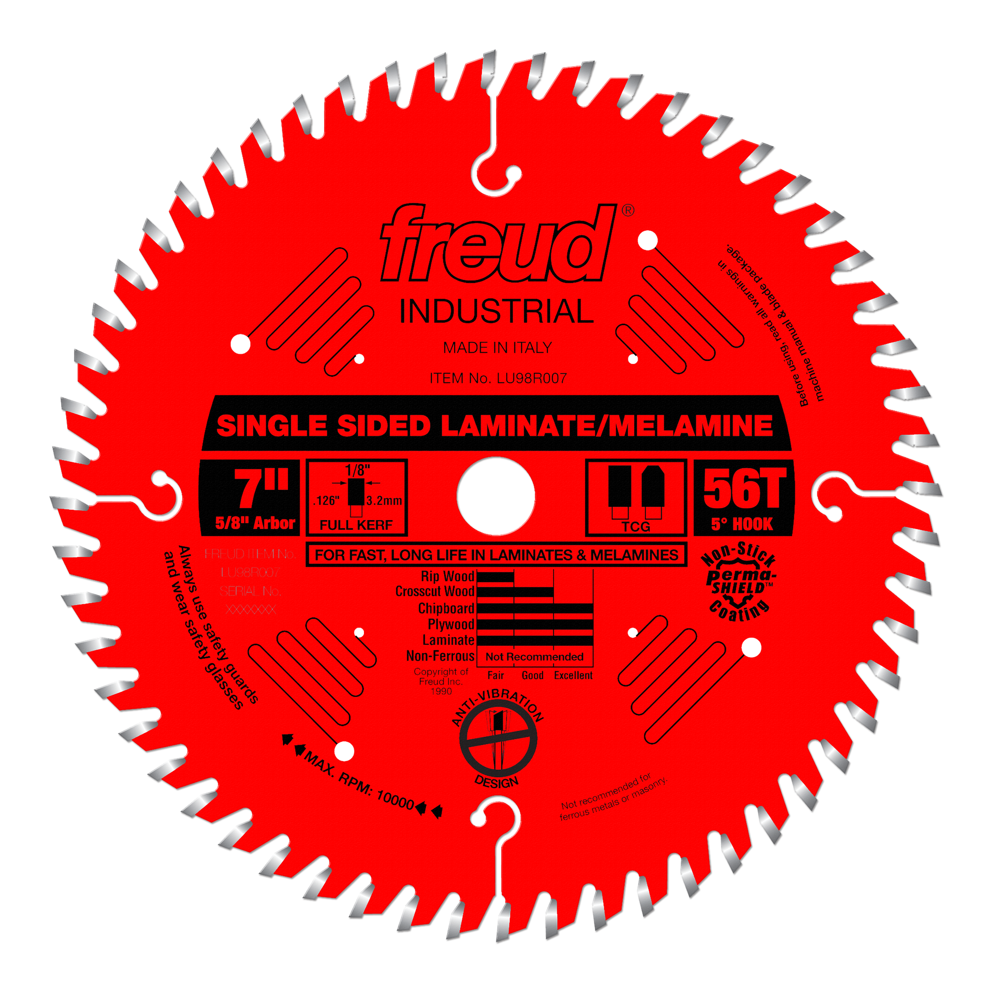 Red circular saw blade with 56 teeth, 7" diameter, marked "Freud Industrial Single Sided Laminate/Melamine" with specificatio