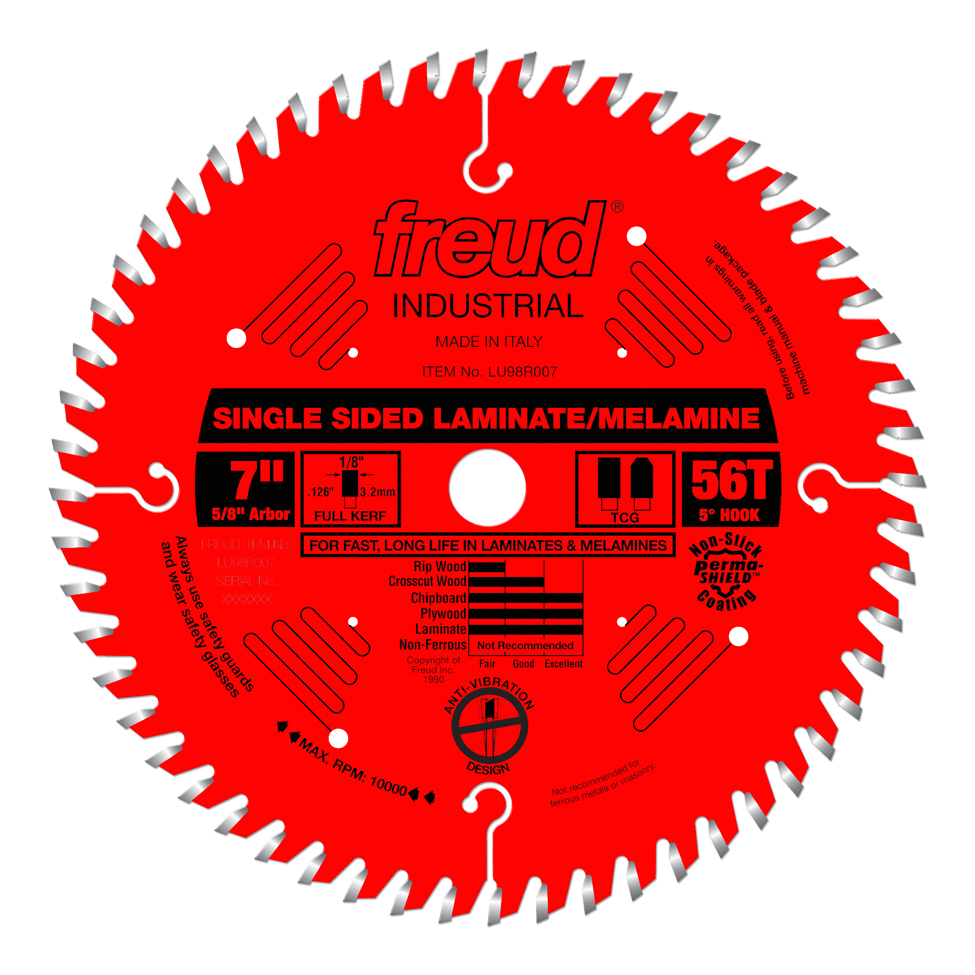 Red circular saw blade with 56 teeth, 7" diameter, marked "Freud Industrial Single Sided Laminate/Melamine" with specificatio